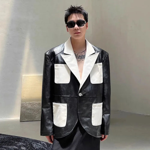 Load image into Gallery viewer, Patchwork Men&#39;s Jacket New Spring Design PU Leather Stylish Jacket Contrast Color Multi Pockets Male Clothing 9W1519
