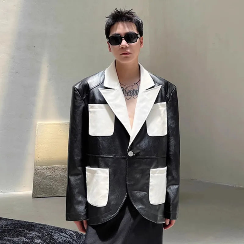 Patchwork Men's Jacket New Spring Design PU Leather Stylish Jacket Contrast Color Multi Pockets Male Clothing 9W1519