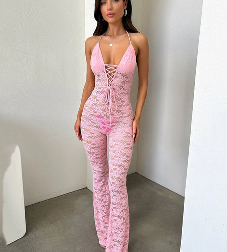 Sexy Lace Hollow Out Jumpsuit for Women, Backless, Tight, Transparent, Slim Fit, Nightclub, Party, Nightclub, 2024