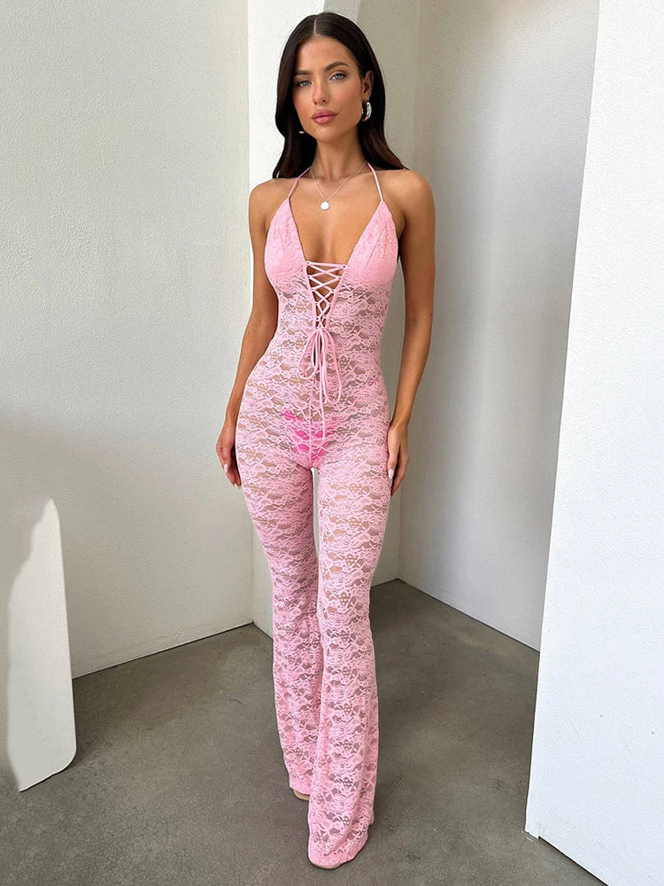 Sexy Lace Hollow Out Jumpsuit for Women, Backless, Tight, Transparent, Slim Fit, Nightclub, Party, Nightclub, 2024