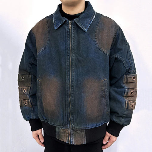 Load image into Gallery viewer, High Street Men Denim Padded Jackets Washing Trendy Worn-out Jacket Turn-down Collar Zipper Contrast Color Male Tops 9W1828
