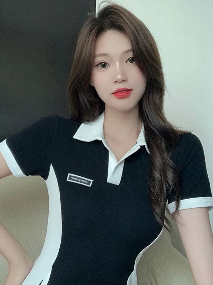 Preppy Style School Student Mini Dress Korean Fashion Kpop Bodycon Slim Mini Short Dresses Polo Collar Summer