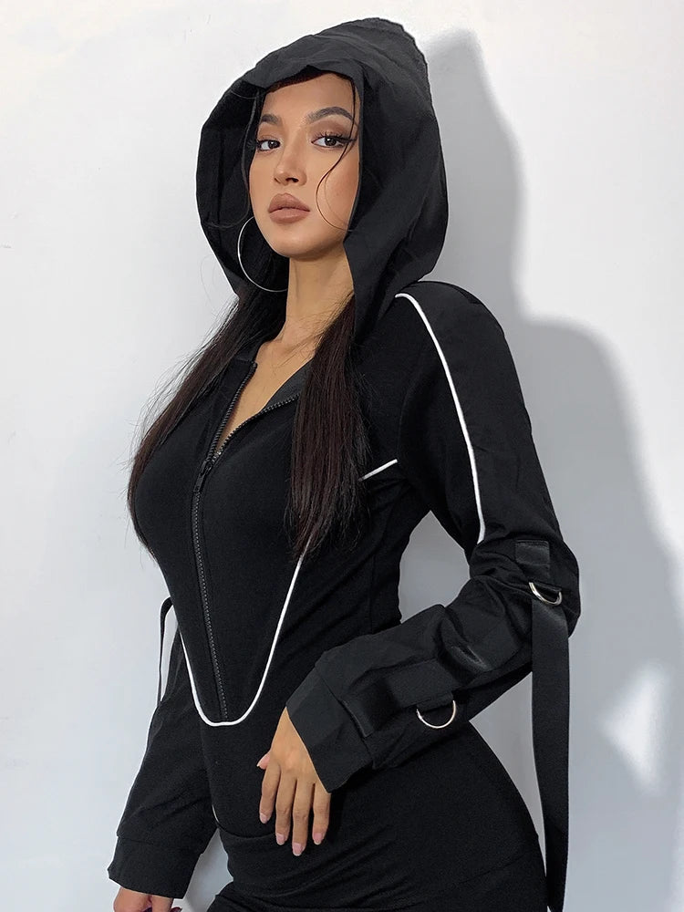 Streetwear Cargo Style Hooded Black Bodysuit Women Stripe Stitching Zipper Bodycon Body Fashion Moto Autumn Jumpsuit
