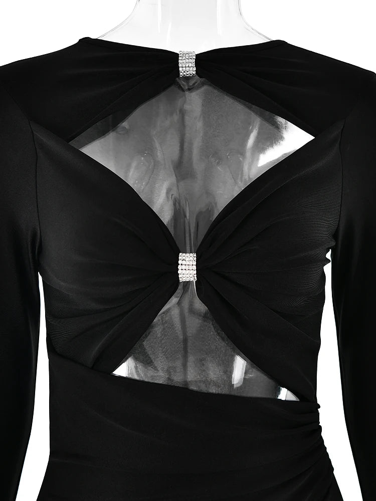 Sexy Hollow Out Long Sleeved Elastic Tight Dress Women Pleats Double Layered Female Vestidos Elegant Party Evening Dress