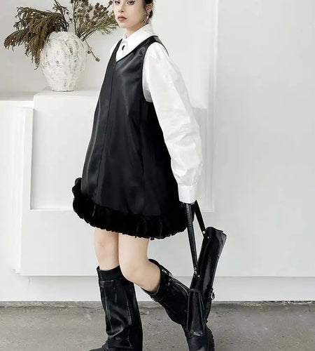 Black Leather Mesh Dress Shirt Two Pieces Suit New Lapel Long Sleeve Women Fashion Tide Spring Autumn 2025 1DH9256