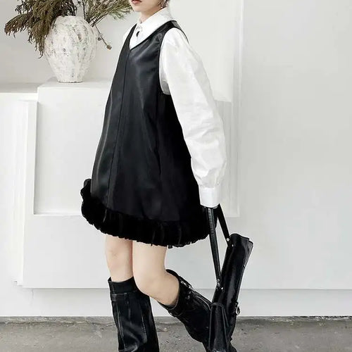 Load image into Gallery viewer, Black Leather Mesh Dress Shirt Two Pieces Suit New Lapel Long Sleeve Women Fashion Tide Spring Autumn 2025 1DH9256
