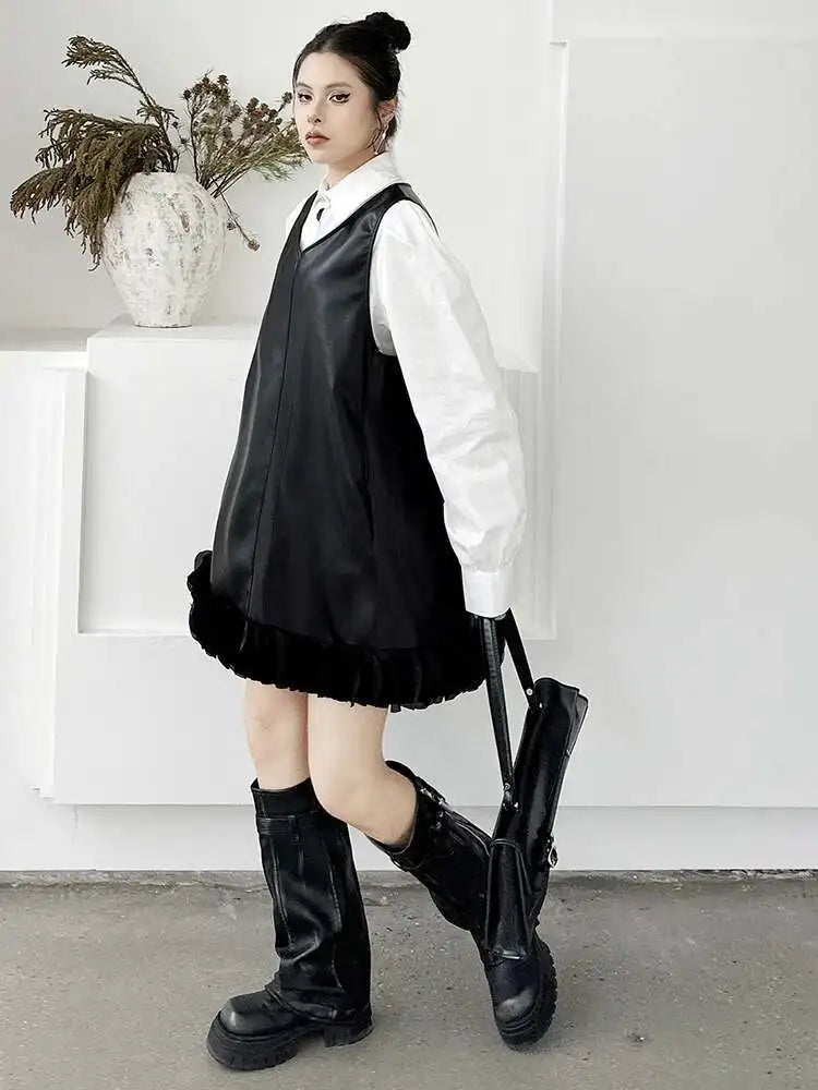 Black Leather Mesh Dress Shirt Two Pieces Suit New Lapel Long Sleeve Women Fashion Tide Spring Autumn 2025 1DH9256