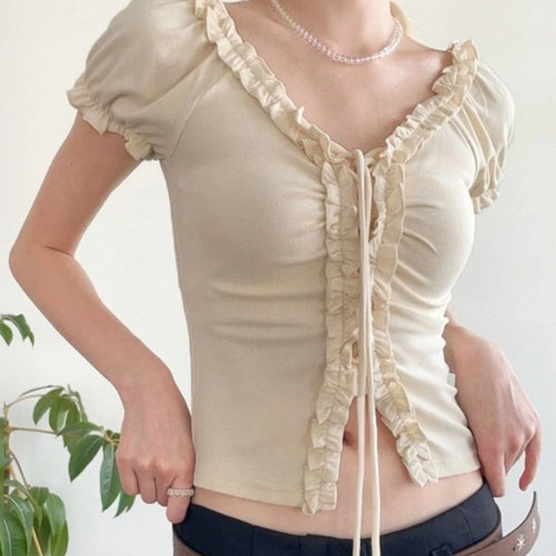 Load image into Gallery viewer, Women Y2k Aesthetic Ruffled Bandage T-shirt Summer Harajuku Fairy Vintage Slim Fit Tees Grunge Cropped Pleated Tops Streetwear
