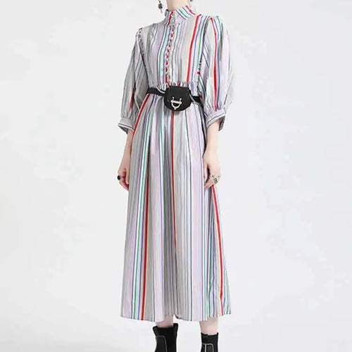 Load image into Gallery viewer, Women Striped Spliced Long Shirt Dress New Stand Collar Three-quarter Sleeve Loose Fit Fashion Spring Autumn 2025 1DE0219
