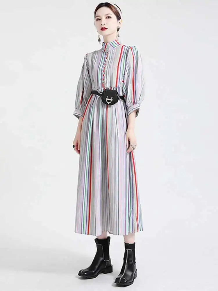 Women Striped Spliced Long Shirt Dress New Stand Collar Three-quarter Sleeve Loose Fit Fashion Spring Autumn 2025 1DE0219