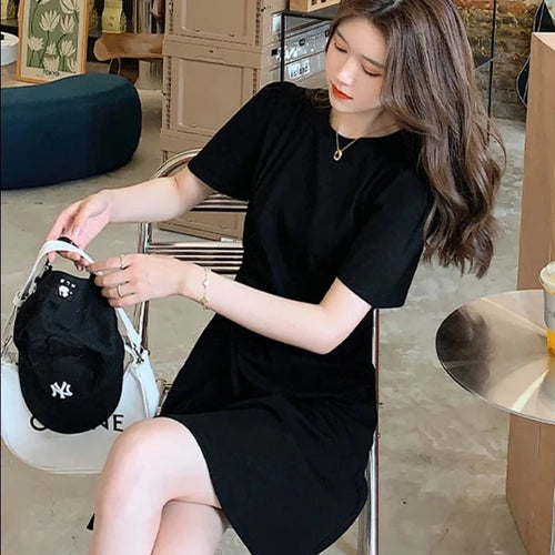 Load image into Gallery viewer, Shirring pure color slim waist female dresses Korean style summer casual O-neck fashion streetwear outfits office ladies
