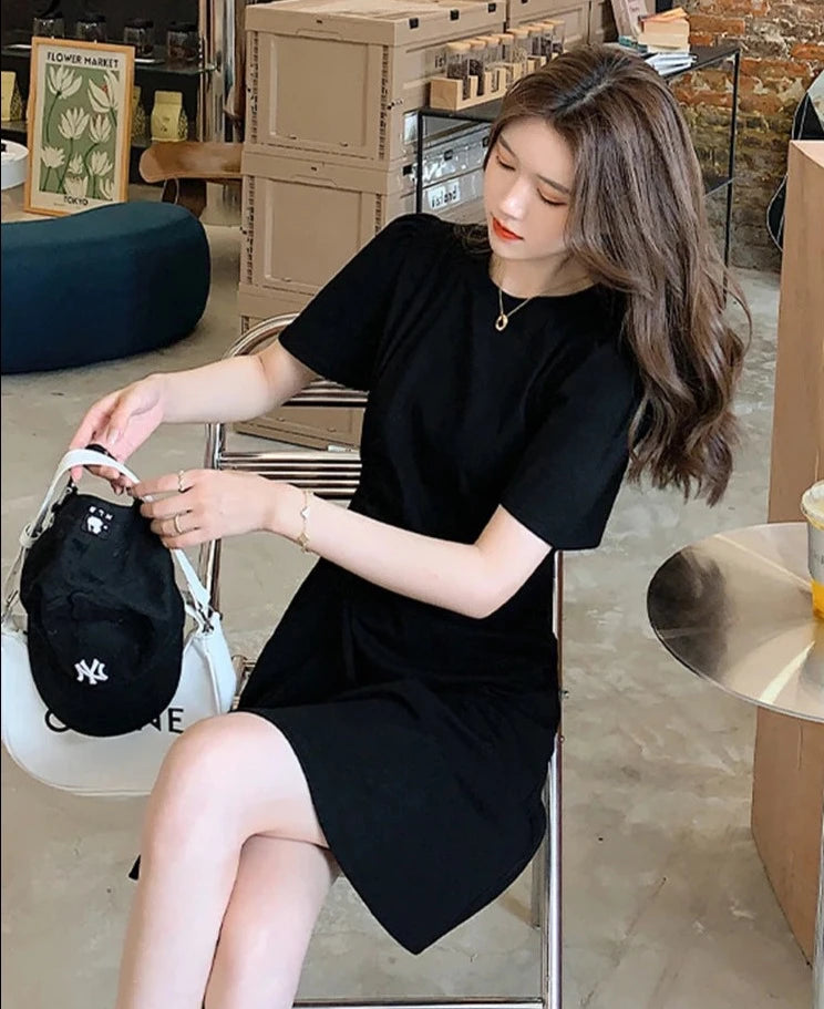 Shirring pure color slim waist female dresses Korean style summer casual O-neck fashion streetwear outfits office ladies