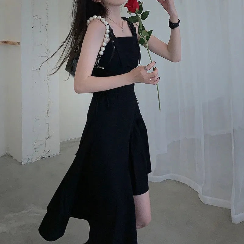 Harajuku Black Slip Dress Korean Style Streetwear Women Summer Sundress Goth Gothic Punk Midi Dress Bandage Party