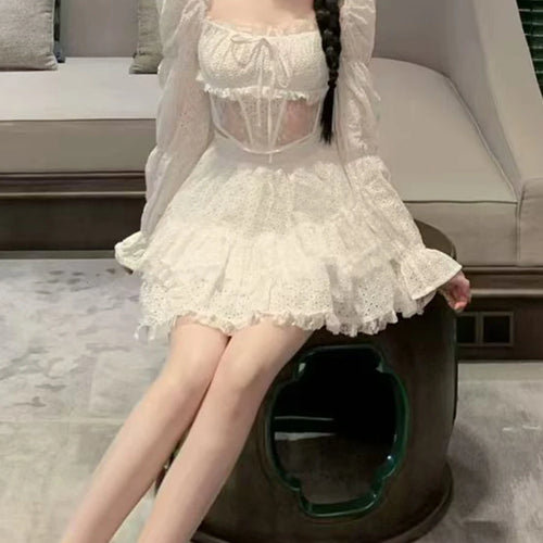 Load image into Gallery viewer, Solid Spliced Lace Sexy Two Piece Sets for Women Square Neck Long Sleeves Sheer Top High Waist Mini Skirt Set Female
