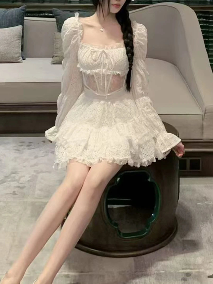 Solid Spliced Lace Sexy Two Piece Sets for Women Square Neck Long Sleeves Sheer Top High Waist Mini Skirt Set Female