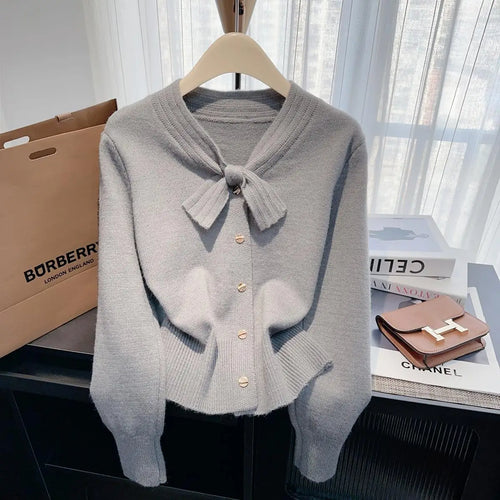 Load image into Gallery viewer, Autumn Winter Solid Elegant V Neck Bow Single Breasted Short Sweater Women's French 2024 New Long Sleeved Slim Knitted Tops Chic
