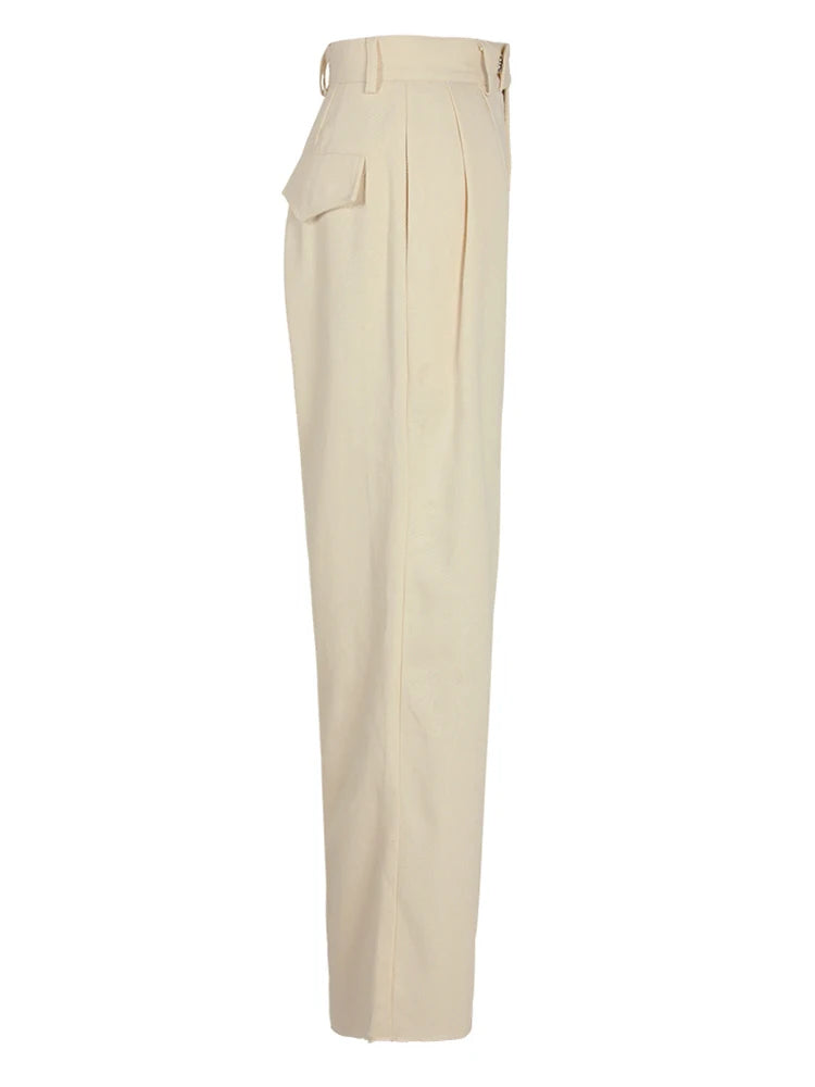 High Waist Beige Pleated Pocket Elegant Long Wide Leg Pants New Trousers Women Fashion Tide Spring Autumn 2025 26D5510