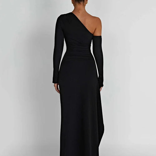 Load image into Gallery viewer, Oblique Shoulder Thigh High Split Maxi Dress Women Long Sleeve Backless Bodycon Sexy Club Party Long Dress Vestidos

