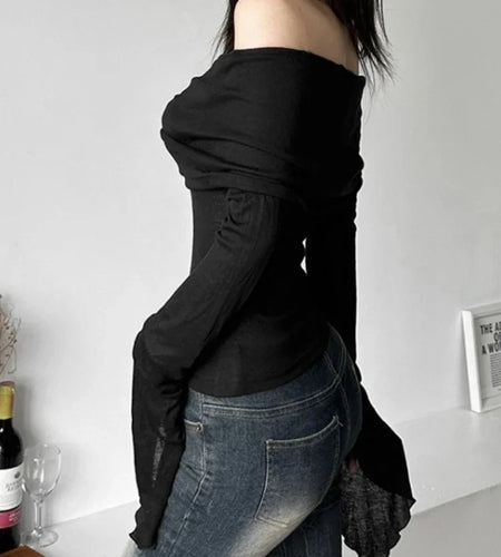 Y2k Aesthetic Women Translucence Tee Shirts Slash Neck Long Sleeve Solid Casual T-Shirts Vintage Off Shoulder Sexy Cute Tshirts