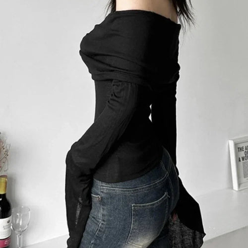 Load image into Gallery viewer, Y2k Aesthetic Women Translucence Tee Shirts Slash Neck Long Sleeve Solid Casual T-Shirts Vintage Off Shoulder Sexy Cute Tshirts
