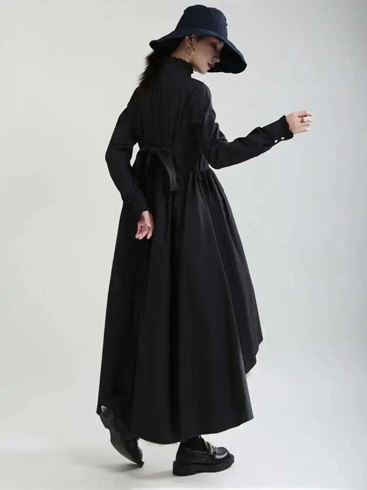 Women Black Layers Irregular Long Elegant Dress New Stand Collar Long Sleeve Fashion Tide Spring Autumn 2025 1DH9894