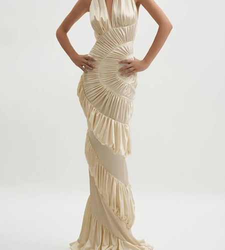 Sexy Slimming Spliced Ruffles Folds Elegant Long Dresses for Women Halter Sleeveless Temperament Dress Female New