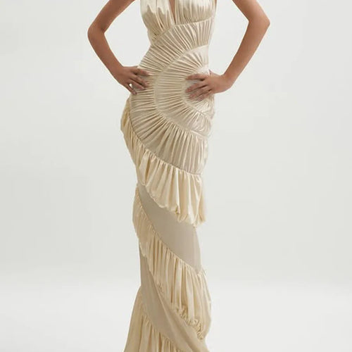 Load image into Gallery viewer, Sexy Slimming Spliced Ruffles Folds Elegant Long Dresses for Women Halter Sleeveless Temperament Dress Female New
