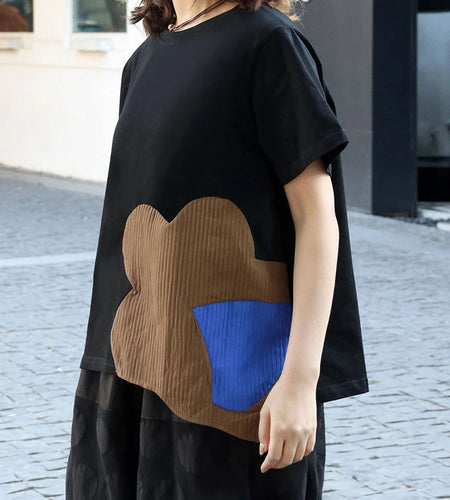 Women Black Color-block Irregular Big Size T-shirt New Round Neck Shorr Sleeve Fashion Tide Spring Summer 2025 1DJ0562