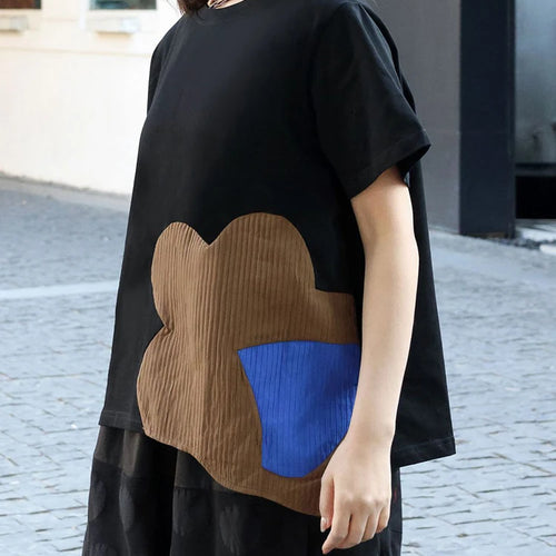 Load image into Gallery viewer, Women Black Color-block Irregular Big Size T-shirt New Round Neck Shorr Sleeve Fashion Tide Spring Summer 2025 1DJ0562
