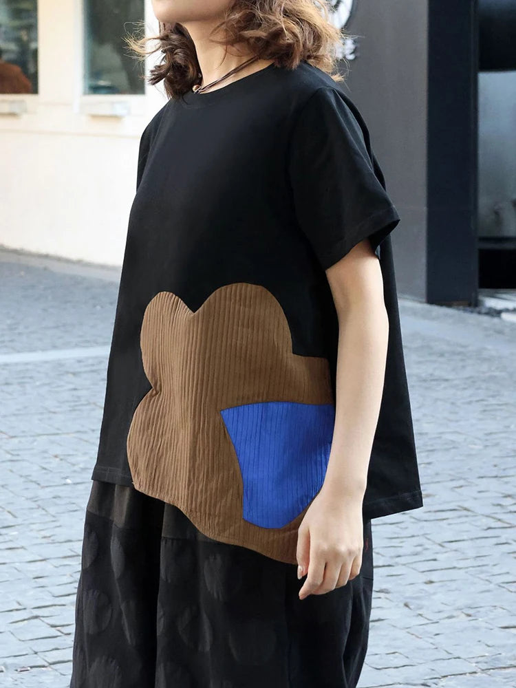 Women Black Color-block Irregular Big Size T-shirt New Round Neck Shorr Sleeve Fashion Tide Spring Summer 2025 1DJ0562