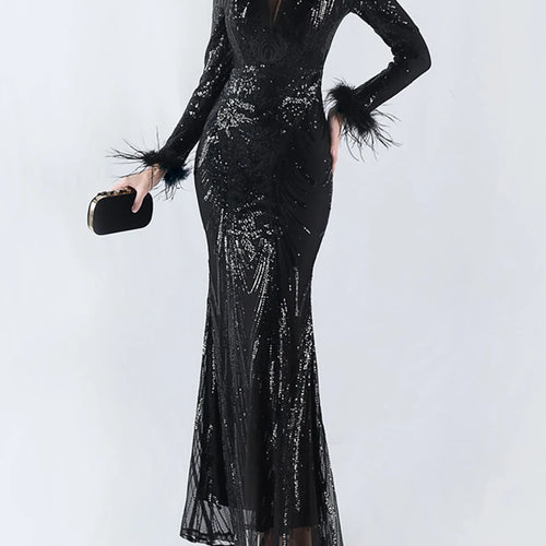 Load image into Gallery viewer, Solid Spliced Feather Slimming Dresses For Women V Neck Long Sleeve High Waist Temperament Dress Female Fashion New
