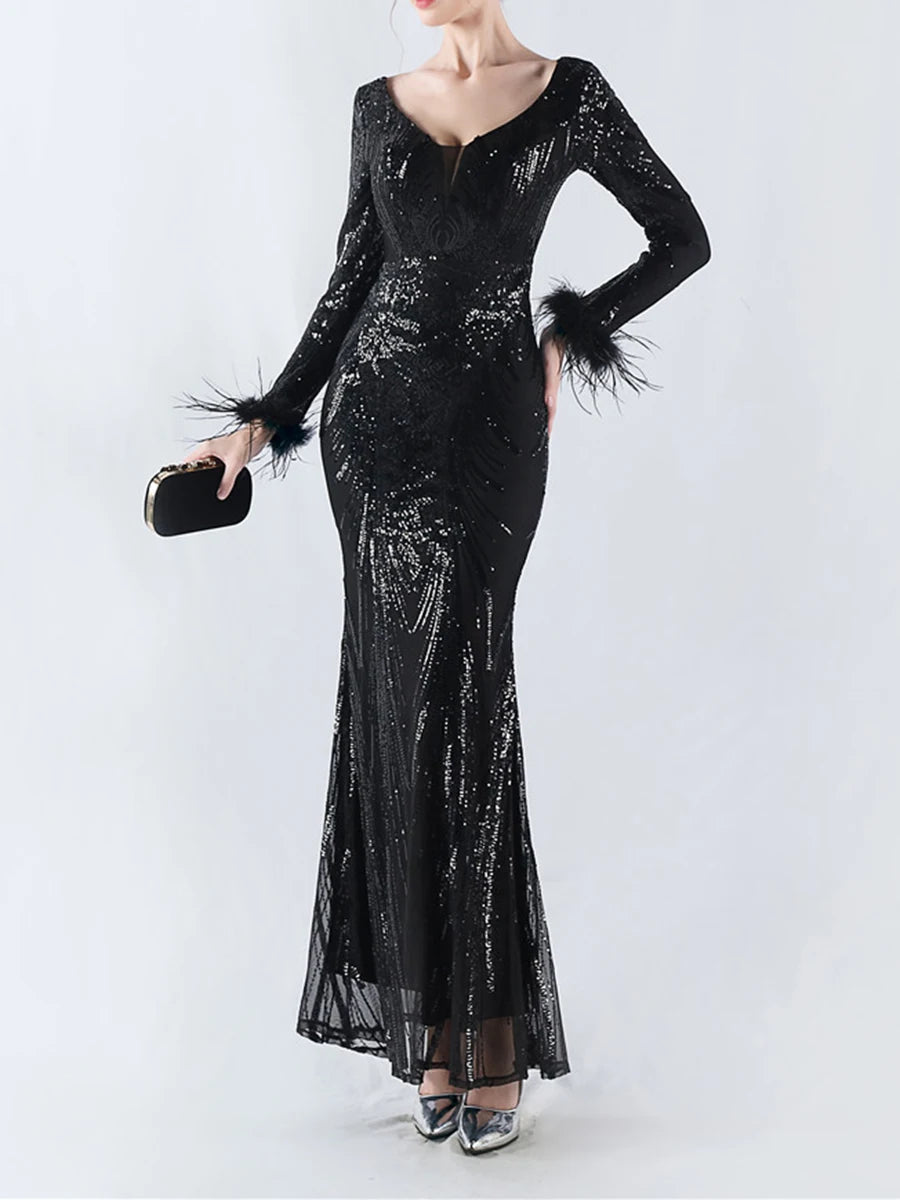 Solid Spliced Feather Slimming Dresses For Women V Neck Long Sleeve High Waist Temperament Dress Female Fashion New