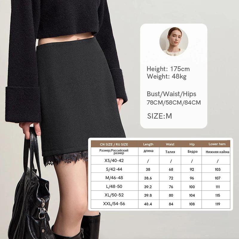 Minimalist Mini Skirt 2025 Winter New Short Wool Warm Skirts For Women Patchwork Lace Casual Solid Clothing Ladies 12544125