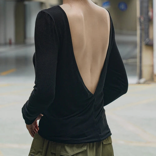 Load image into Gallery viewer, Women White Brief Backlesss Elegant Slim T-shirt New Round Neck Long Sleeve Fashion Tide Spring Summer 2025 1DJ1477
