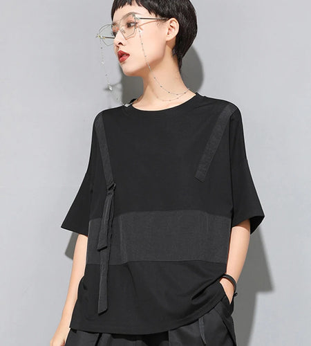 Women Black Contrast Color Split Big Size T-shirt New Round Neck Half Sleeve  Fashion Tide  Spring Summer 2025 1U136