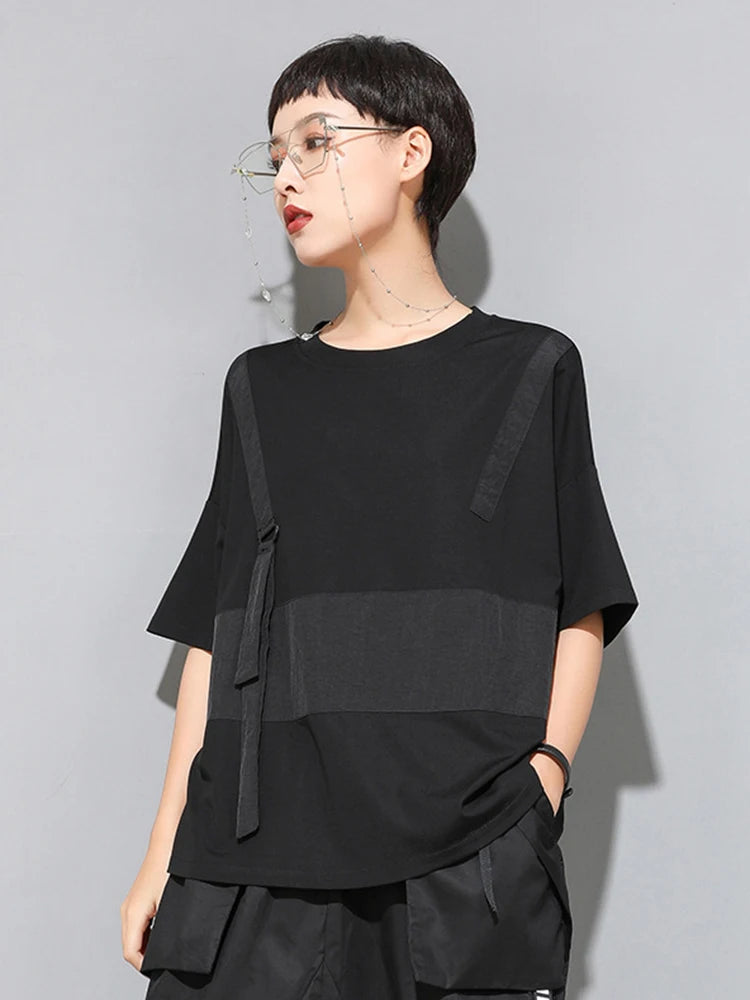 Women Black Contrast Color Split Big Size T-shirt New Round Neck Half Sleeve  Fashion Tide  Spring Summer 2025 1U136