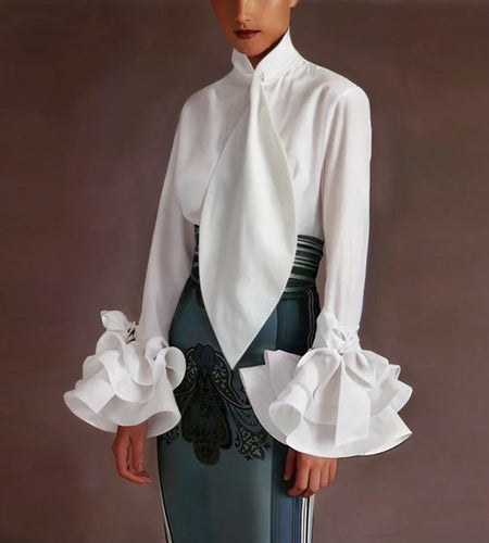 Summer Spring Flared Sleeves Urban Elegant Woman White Blouses Tops New Trendy Simple Long Sleeve Shirts for Women