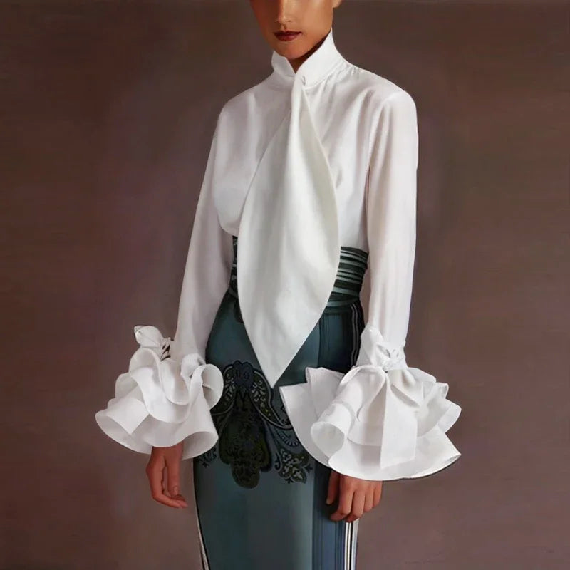 Summer Spring Flared Sleeves Urban Elegant Woman White Blouses Tops New Trendy Simple Long Sleeve Shirts for Women