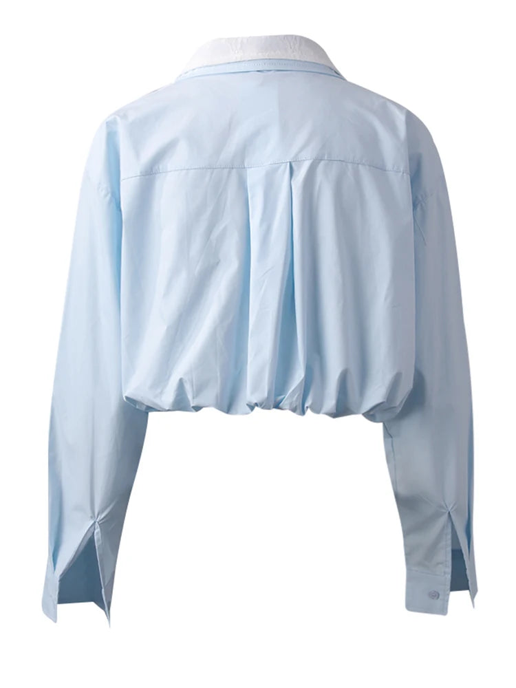 Women Blue Color-block Short Big Size Bud Blouse New Lapel Long Sleeve Shirt Fashion Tide Spring Autumn 2025  CPG3010