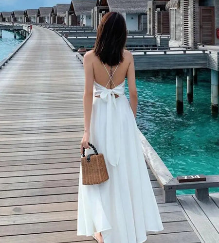 Evening Party Women Dress Cross V Neck Sexy Off Shoulder Beach Style Spaghetti Strap Dress Slim Backless Sexy Robe Femme Holiday