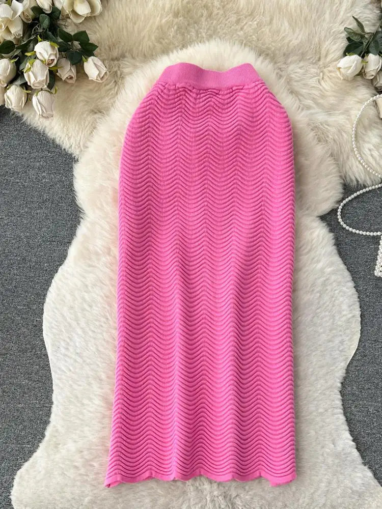 Solid Office Lady Slim Knit Pencil Skirts Women Elegant Elastic High Waist Female Casual Wave Bodycon Skirt Autumn New Fashion