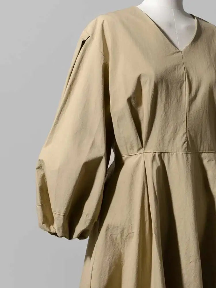 Women Kahki Elegant Big Size Long Dress New V-Neck Long Lantern Sleeve Loose Fit Fashion Tide Spring Autumn 2025  1DH0488