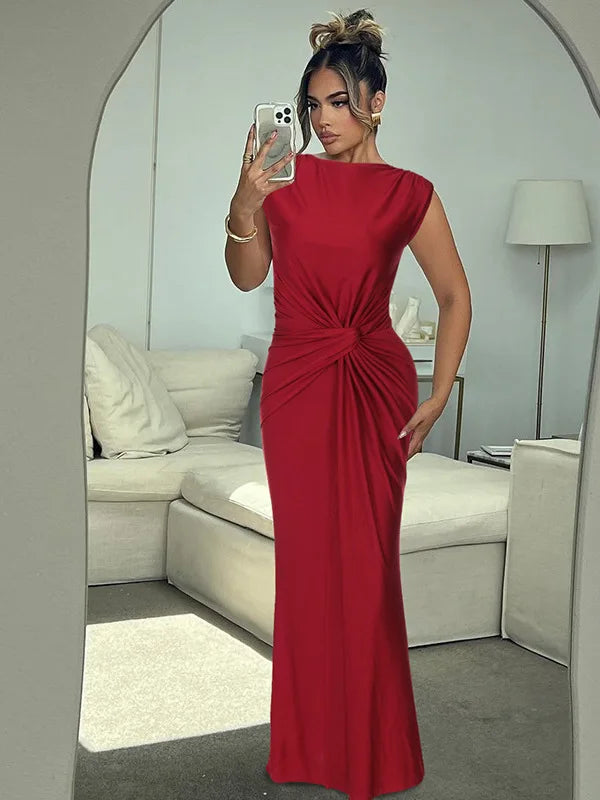 Elegant Sleeveless Round Neck Long Dress For Women Spring Summer 2025 New Temperament Slim Party Club Evening Dress