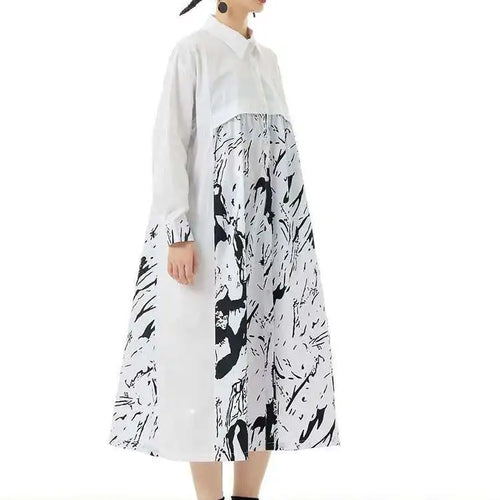 Load image into Gallery viewer, Women White Pattern Printed Big Size Casual Shirt Dress New Lapel Long Sleeve Fashion Tide Spring Autumn 2025 1DH4823
