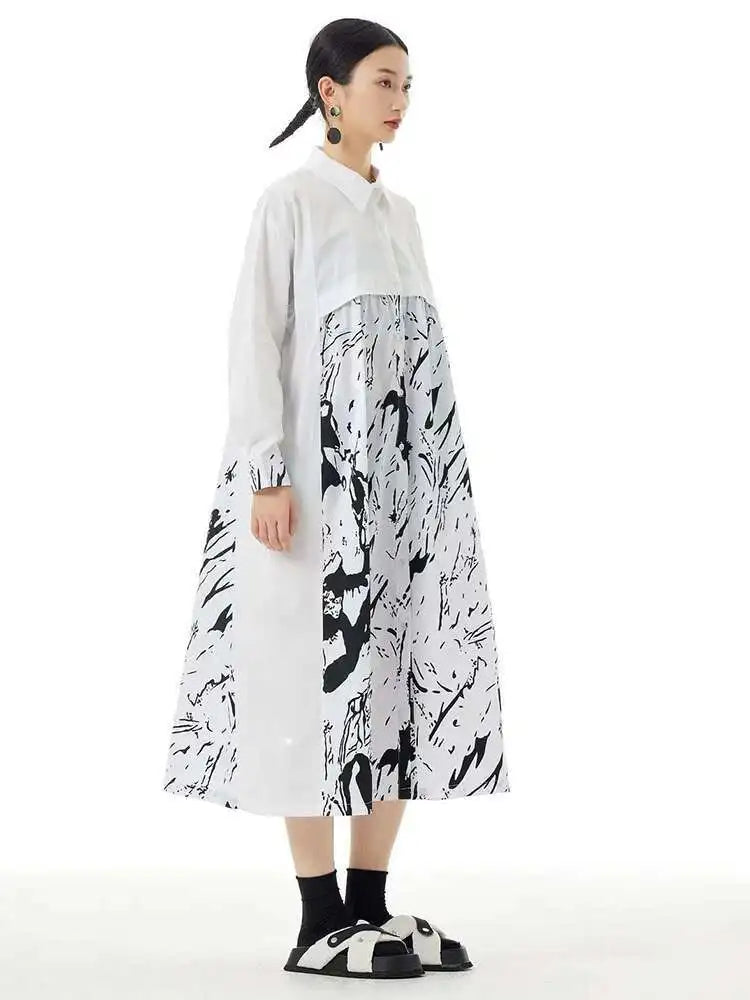 Women White Pattern Printed Big Size Casual Shirt Dress New Lapel Long Sleeve Fashion Tide Spring Autumn 2025 1DH4823