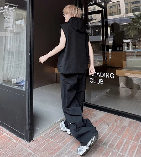 Men's Pants Set New Summer Solid Color Rivet Hooded Trendy Singel Breasted Vest Male Casual Straight Leg Pants 9W1790