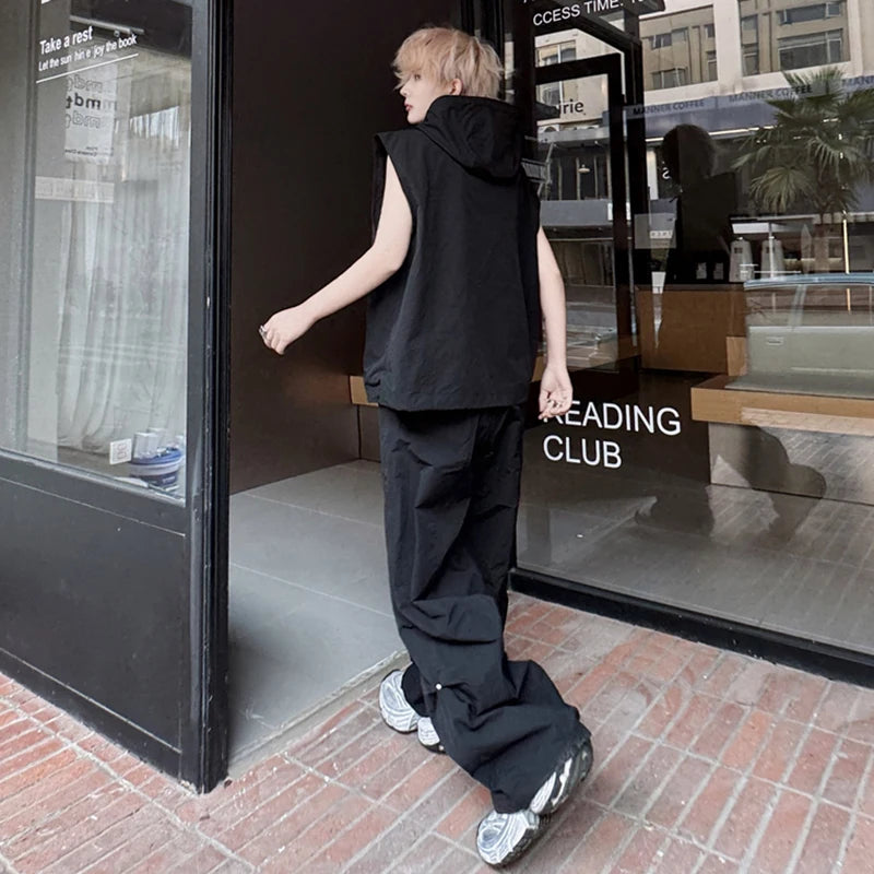 Men's Pants Set New Summer Solid Color Rivet Hooded Trendy Singel Breasted Vest Male Casual Straight Leg Pants 9W1790