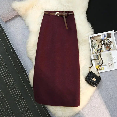 Load image into Gallery viewer, Autumn Winter New Beige Purple Elegant Woolen Skirt Female Black Elastic High Waist Party Wrap Hip Mid-length Skirt Vintage Chic
