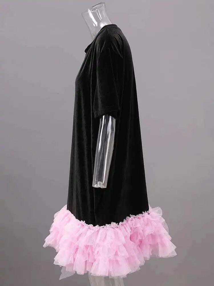 Women Green Mesh Ruffles Hem Big Size Knee-Length Dress New Round Neck Short Sleeve Fashion Spring Summer 2025 CPG2904