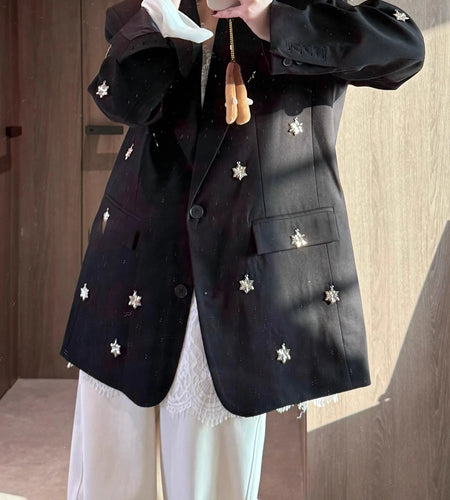 Solid Loose Spliced Sequined Casual Blazers for Women Lapel Long Sleeves Patchwork Pocket Fashion Blazer Female New